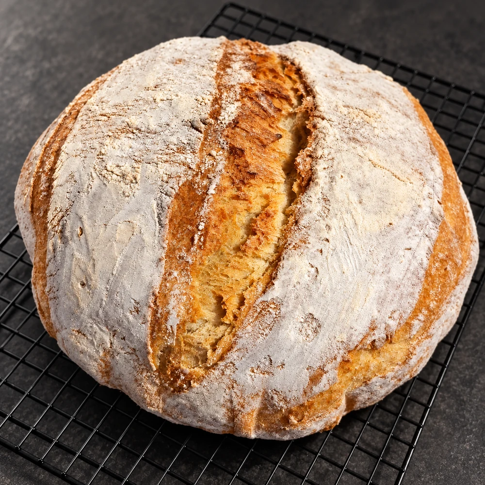 Flour-dusted artisan bread on a cooling rack