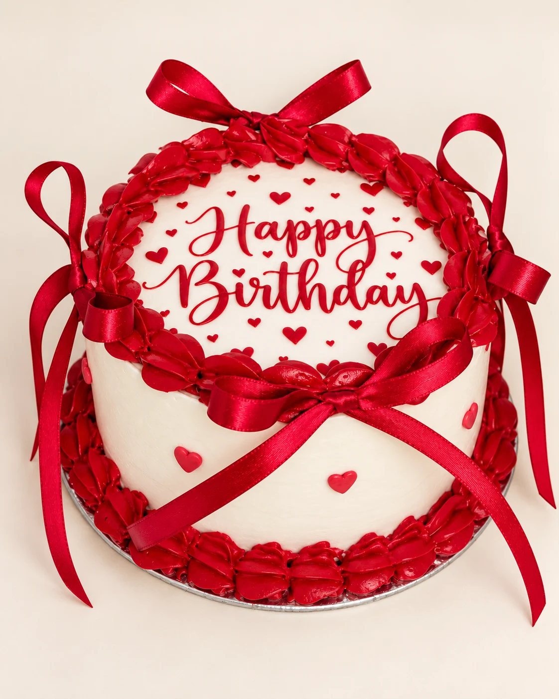 White heart-shaped birthday cake with red piping, hearts and satin bows by AD Bakery House