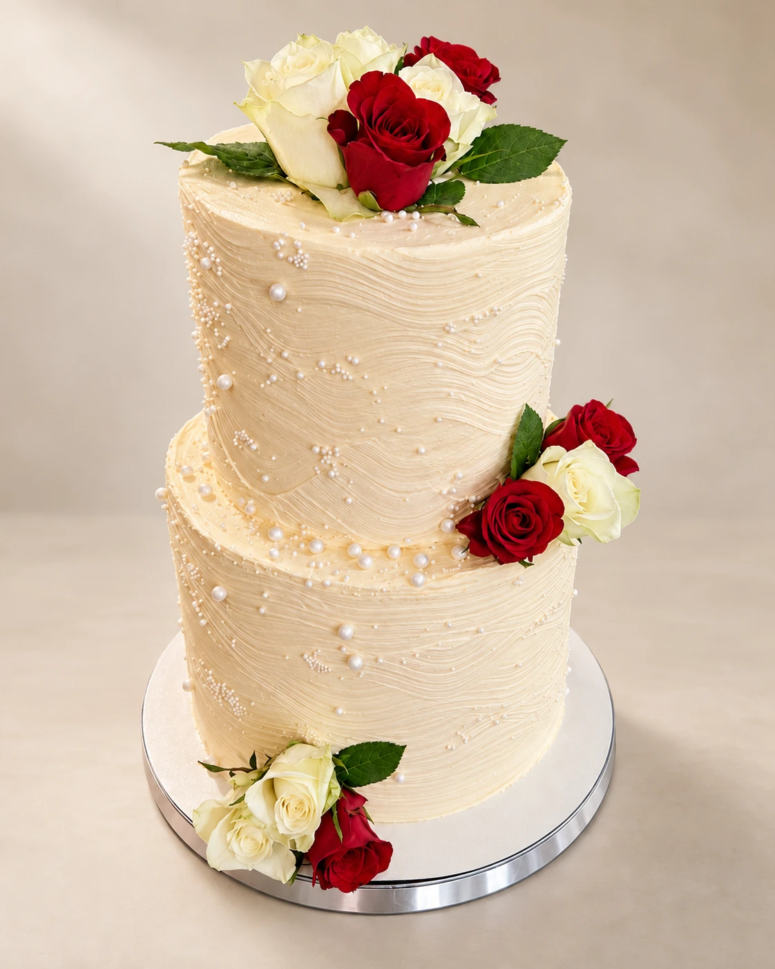 Two-tier ivory wedding cake with red and white roses, green leaves and pearl decoration